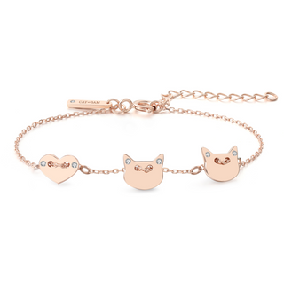 Two Cat & Heart Silver Bracelet - Rose Gold